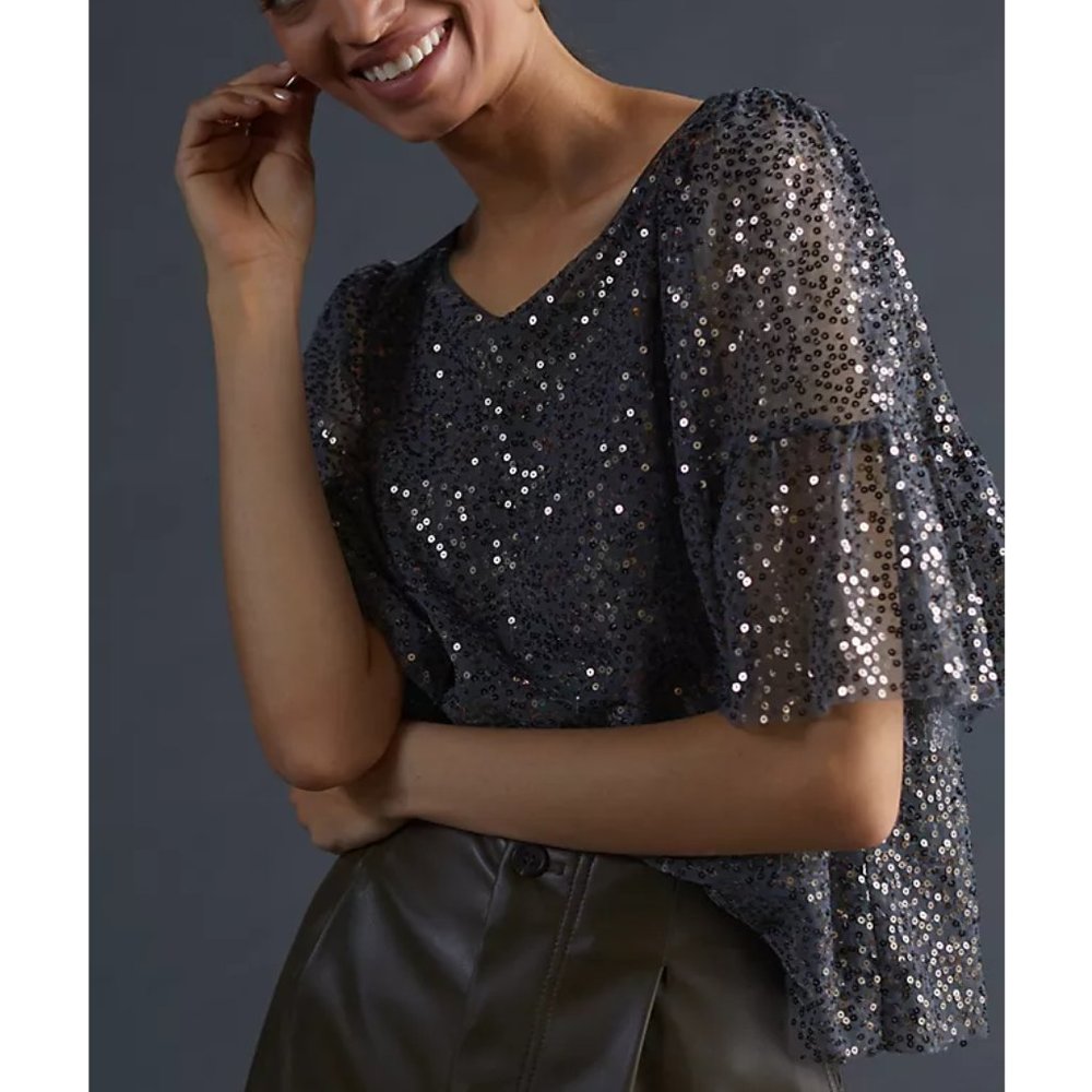 Anthropologie Maeve Sequined Blouse Carbon Gray XS